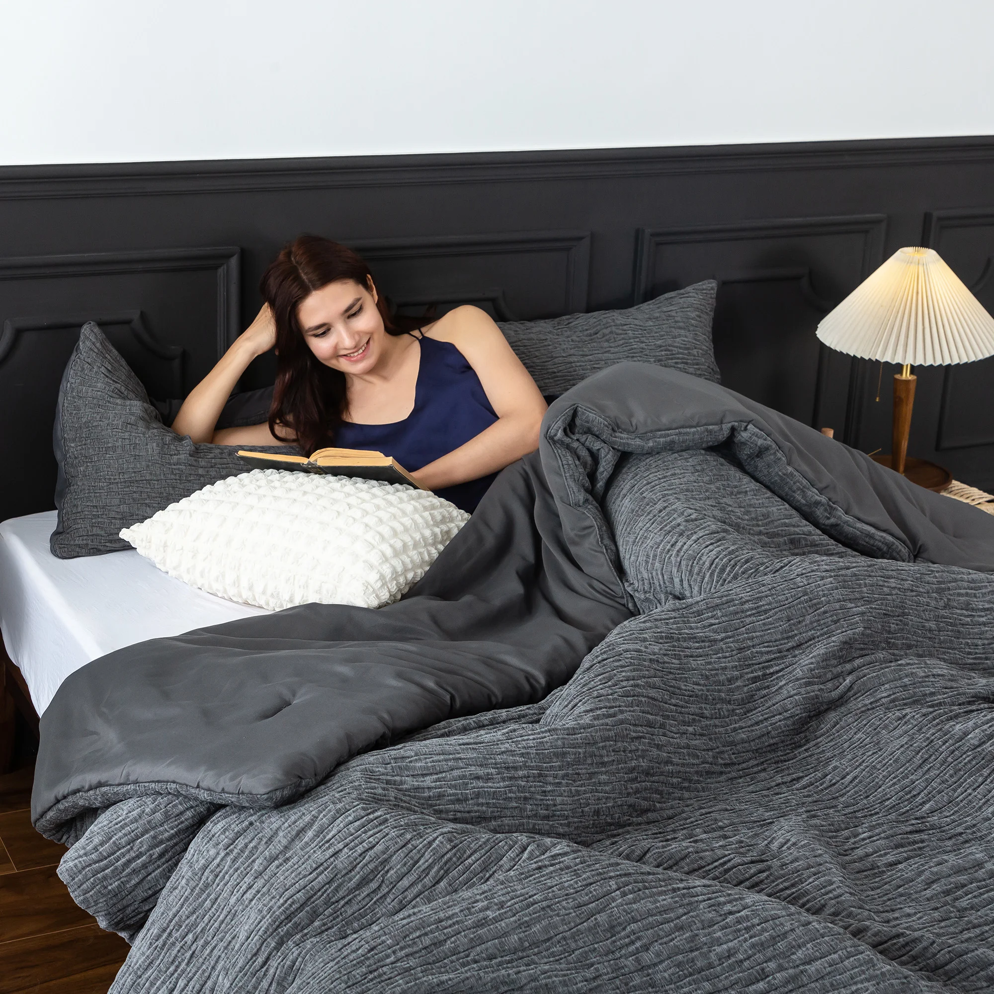 

Textured Stripe Bedding Sets California King Size Comforter Set Modern 3 Pieces Lightweight All Season Fluffy Bed Set Grey