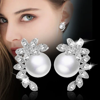 KIOOZOL Vintage Solid Leaf Imitation Grey White Pearl Stud Earrings with Micro Inlaid CZ Stud Earrings For Women Jewelry KO6