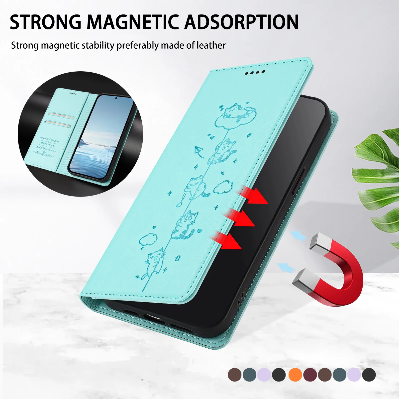 Chic Cat Phone Case: Magnetic Leather Flip Cover with Card Holder