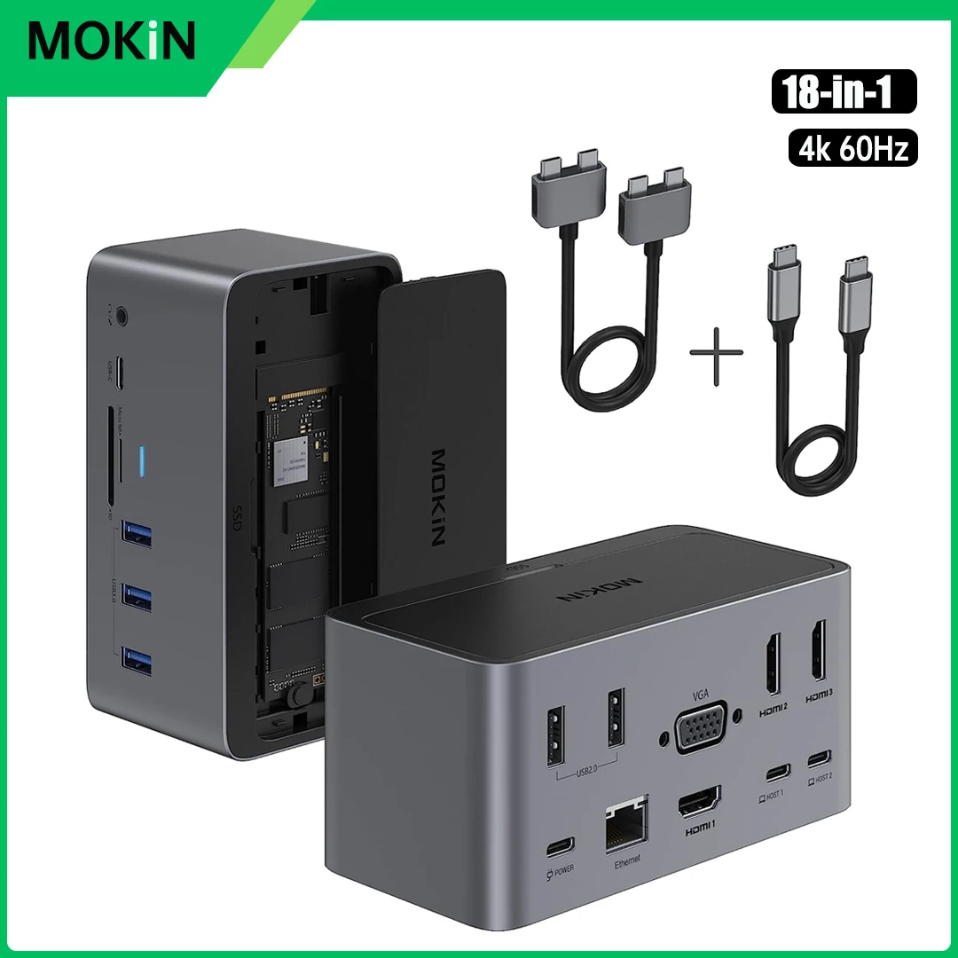 Mokin Docking Station Adattatore Usb C Con Doppio Hdmi,Sd/Tf,Vga,Rj45,Thunderbolt 3,Audio, Custodia Ssd, Per Macbook Ipad Pro/Air 4K