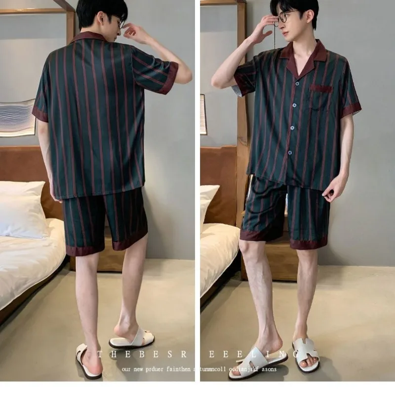 Men Spring Autumn Long Sleeve Ice Silk Senior Sense Home Wear Summer Thin Imitation Silk Four Seasons Summer Short Sleeve Suit silk pajamas,man pajamas set