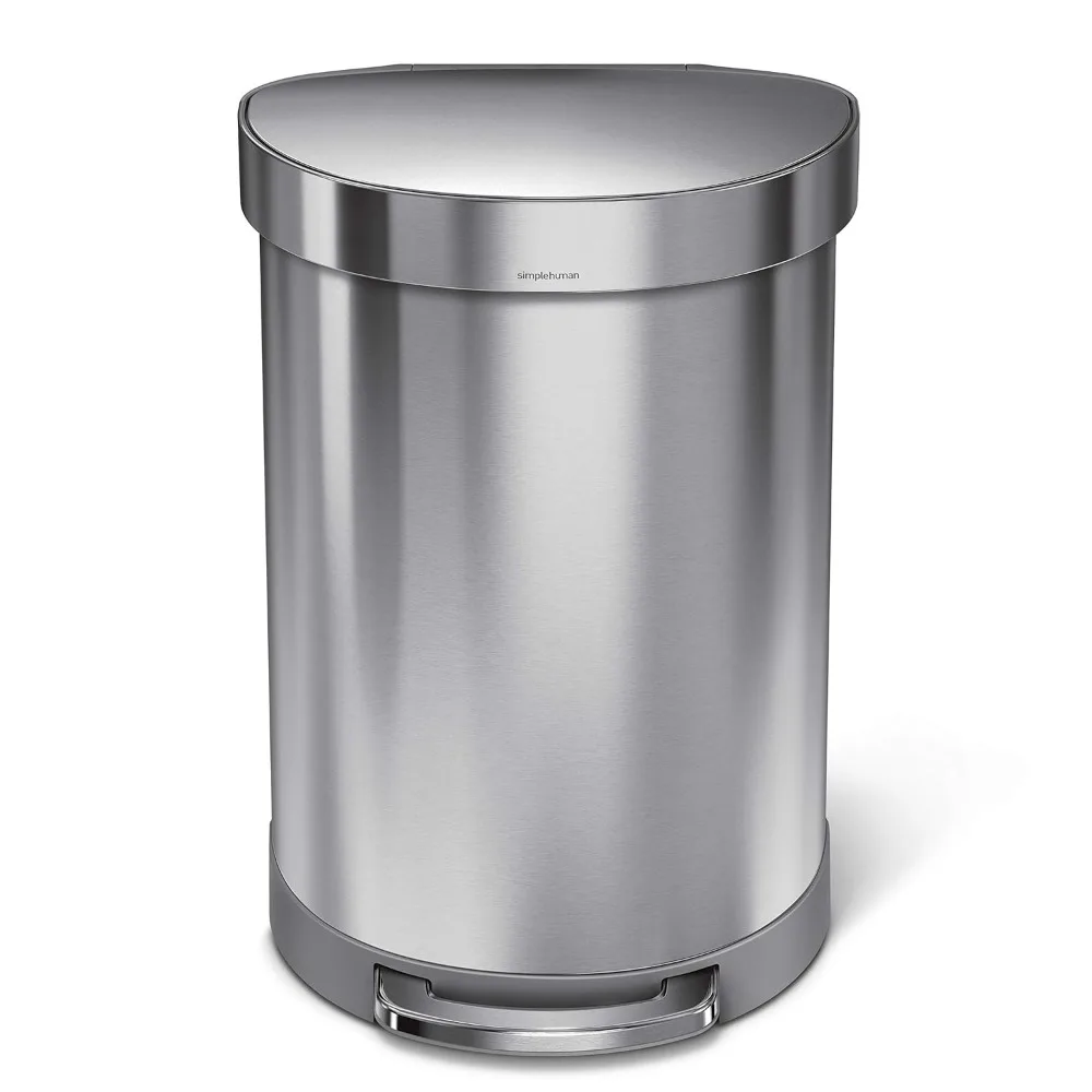 60 Liter Semi-Round Hands-Free Kitchen Step Stainless Steel Trash Can with Soft-Close Lid, Brushed