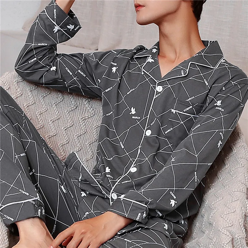 Men'S Cotton Pajamas Sets Home Suits Plaid Design Sleepwear For Autumn