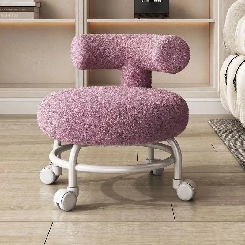 Lambskin Low Chair Household Round Stool Movable Shoe-changing Stool with Backrest and Wheels Small Pulley Low Stool Pratical