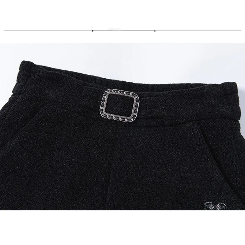 Women's High Waist Solid Button Pocket Fashion Wide Leg Pants 2023 Autumn and Winter Korean Woolen Fleece Slim Fit Casual Shorts