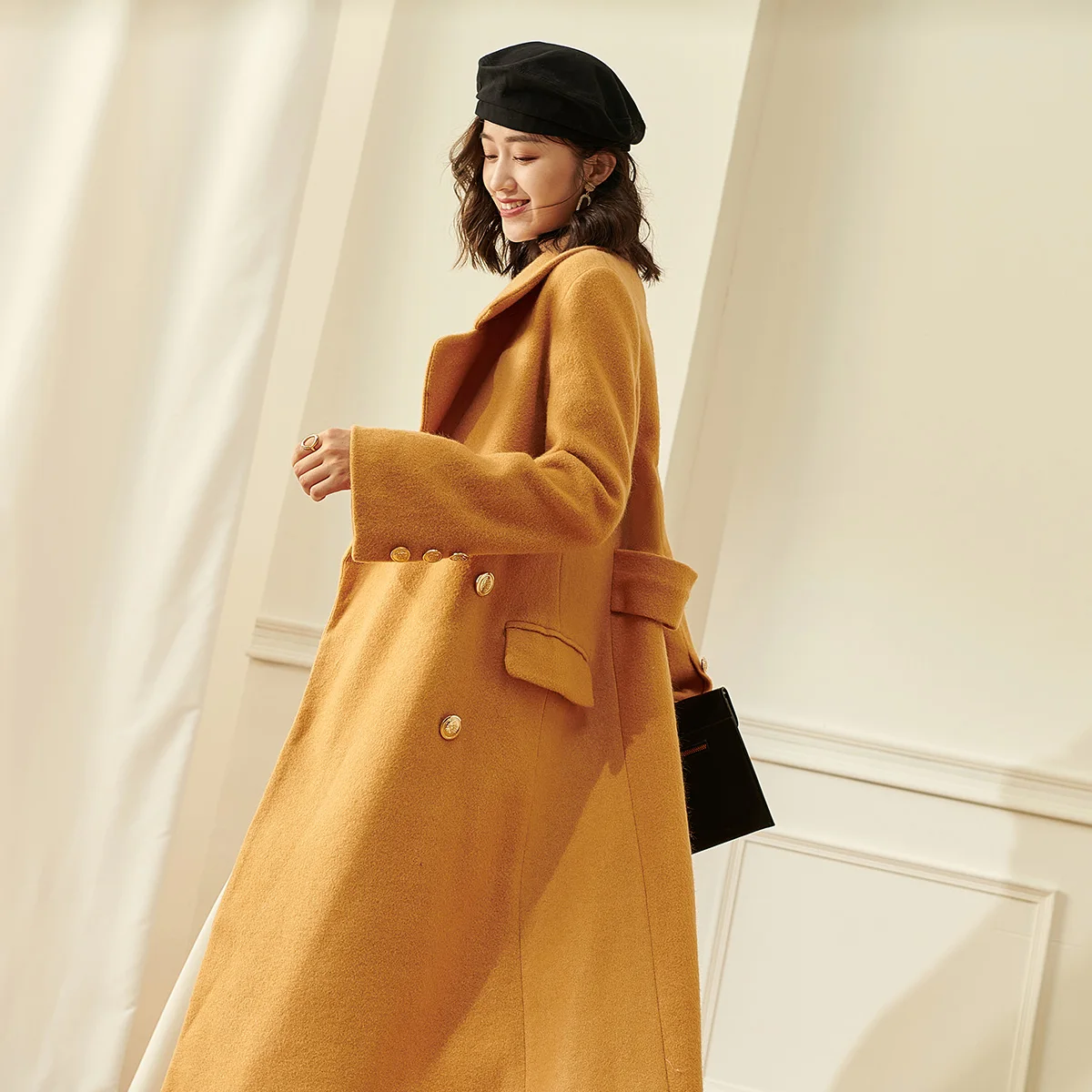 European Style Wool Coat Office Lady Double Breasted Winter Long