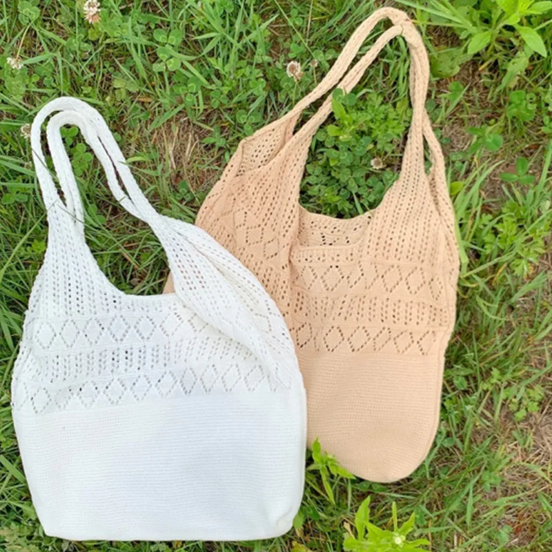 IMone Fashion Knitted Handbag for Women Korea Vintage Hook Flower Lightweight Shoulder Tote Bag Portable Woolen Women's Bag