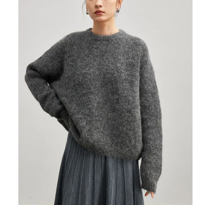 Women's Alpaca Wool thick Sweater winter Round Neck Loose Solid Color Knit Pullovers Top 4