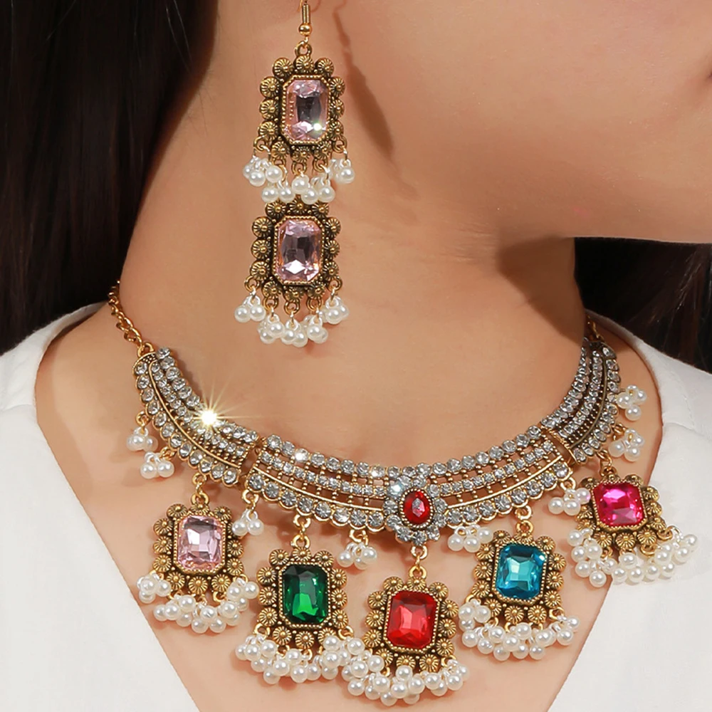 

Женский ювелирный комплект, золотистый разноцветный комплект из ожерелья и серег-подвесок, модель F0036, 2021