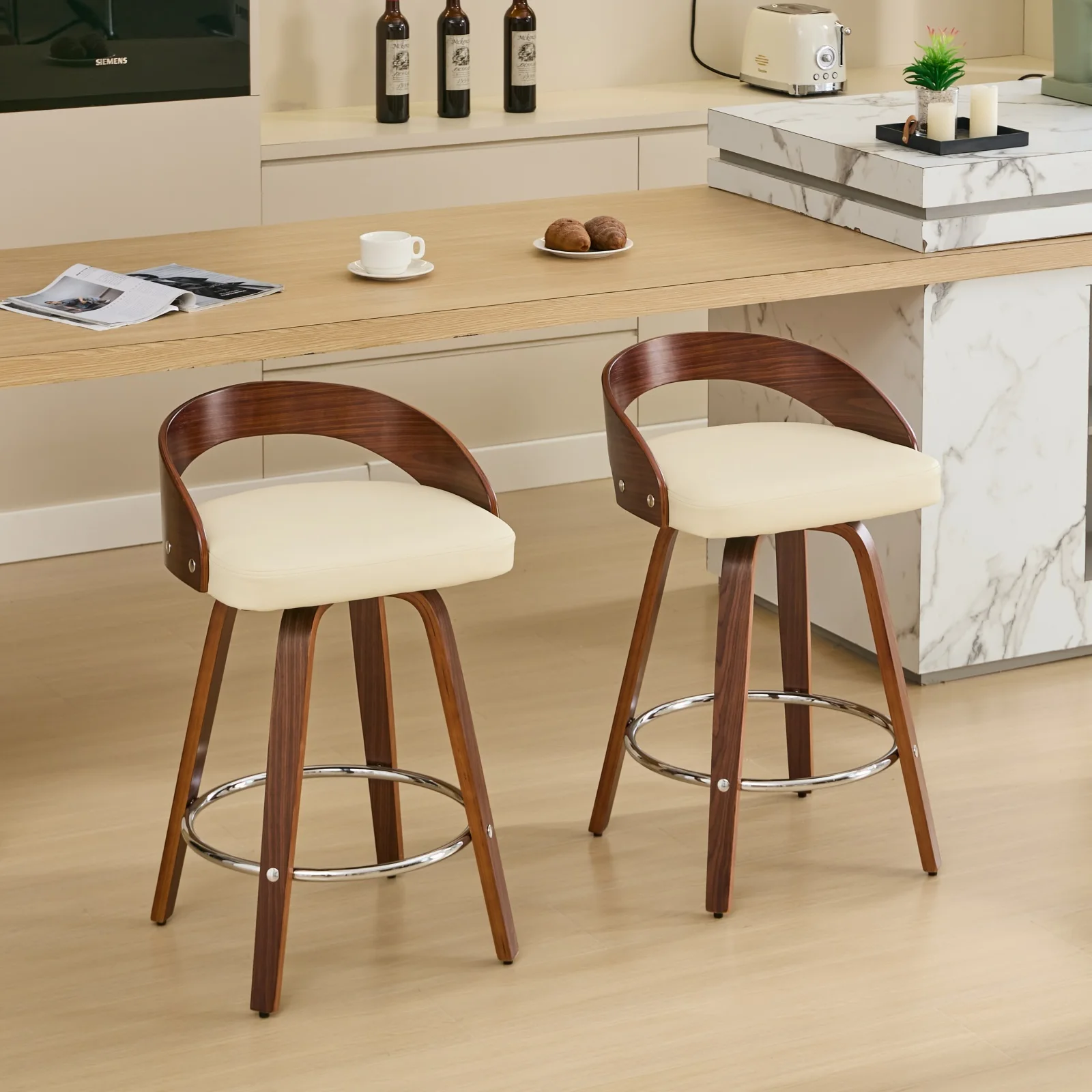 Barhocker-Set mit 2 Stück, Drehbare Barhocker mit Niedriger Rückenlehne, Holz-Barstühle mit Weichem Polstersitz, 63CM Sitzhöhe – Detail 17