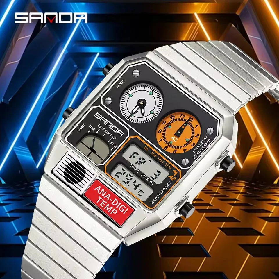 SANDA Fashion Square Dial Waterproof Luminous Chronograph Multifunction Men's Digital Sports Watch