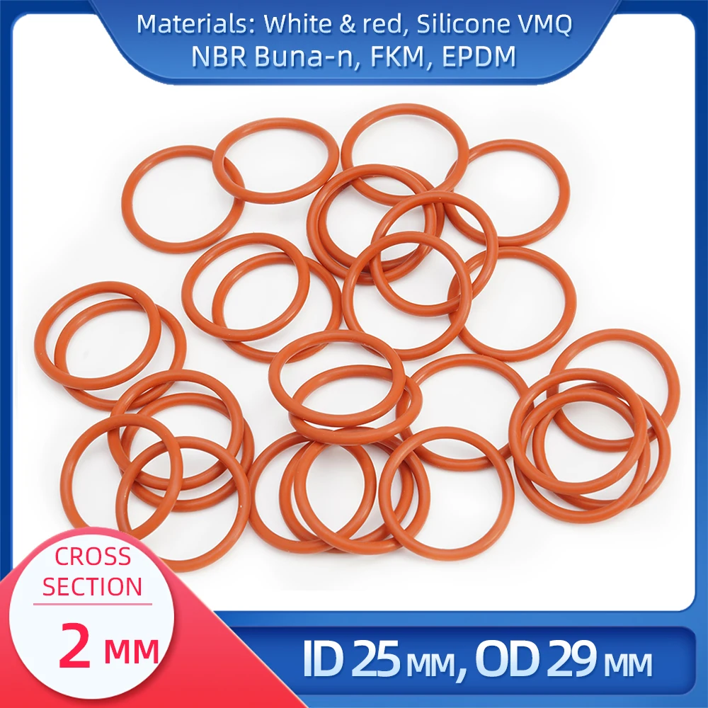 

O Ring CS 2 mm ID 25 mm OD 29 mm Material With Silicone VMQ NBR FKM EPDM ORing Seal Gaske