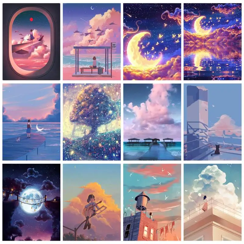 

RUOPOTY Frame Painting By Numbers Gift Colorful Sky Moon Landscape Drawing By Numbers Handmade Number Painting Artwork