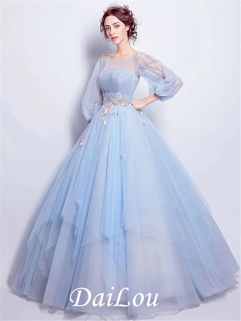 Ball Gown Elegant Floral Quinceanera Engagement Dress Illusion Neck 3/4 Length Sleeve Floor Length Tulle with Pleats Appliques