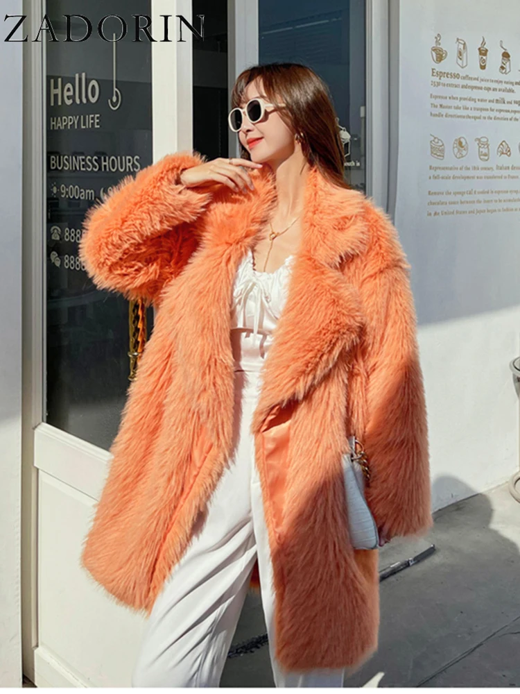 

ZADORIN Elegant Lapel Mid Long Faux Fox Fur Coat Women Oversize Furry Faux Fur Jacket Coats Orange Winter Jackets for Women 2023
