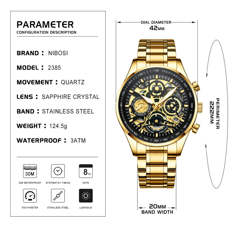 NIBOSI Men Watch Top Brand Gold Skeleton Quartz Mens Watches Full Steel Waterproof Chronograph Wristwatch Men Relogio Masculino