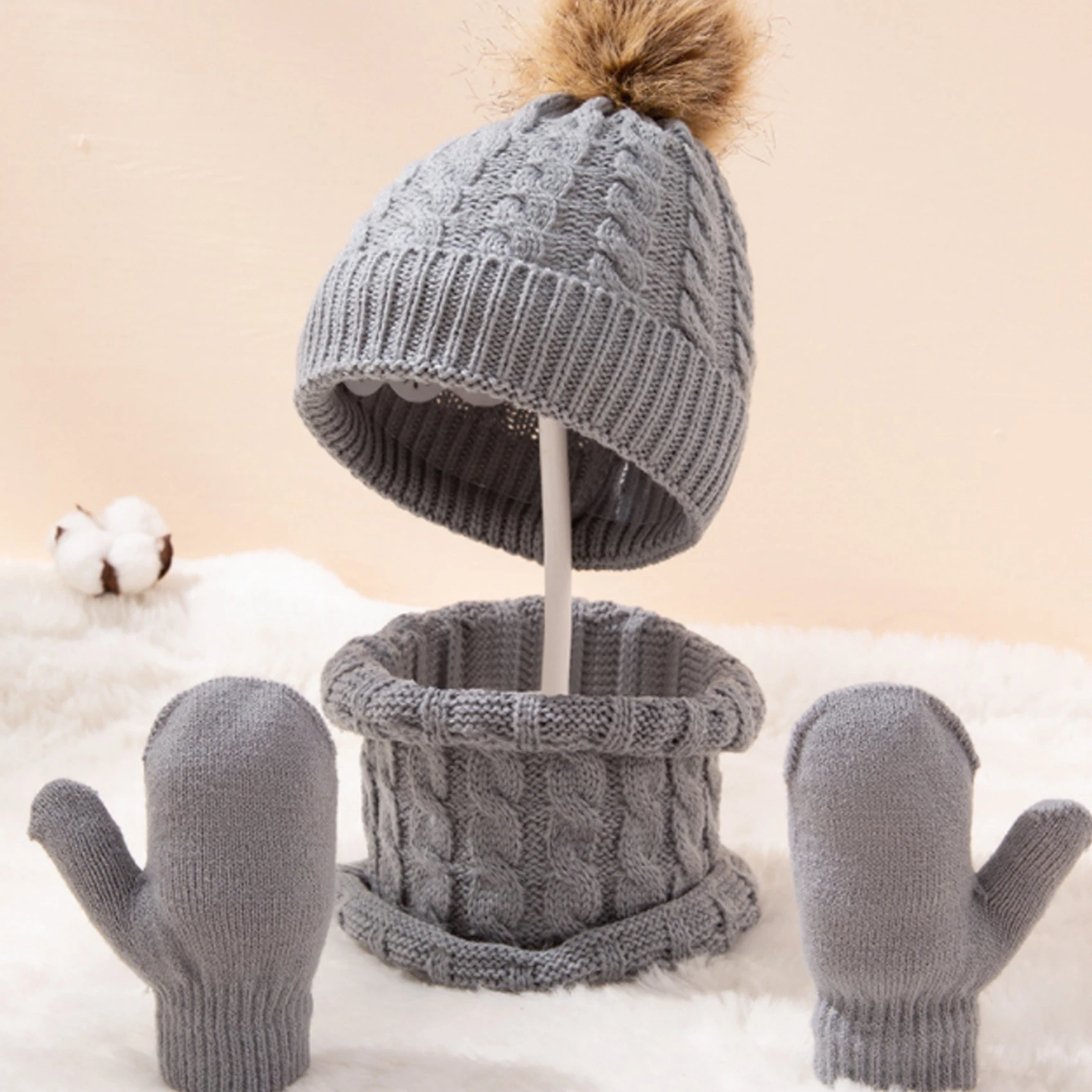 Knitted Hat Kids Knitted Set 3PCS/Set Kid Winter Hat Scarf Mittens Set Toddler Knitted Girls Children Neck Warmer Boys Wool Outdoor Warm Skin-Friendly Gloves