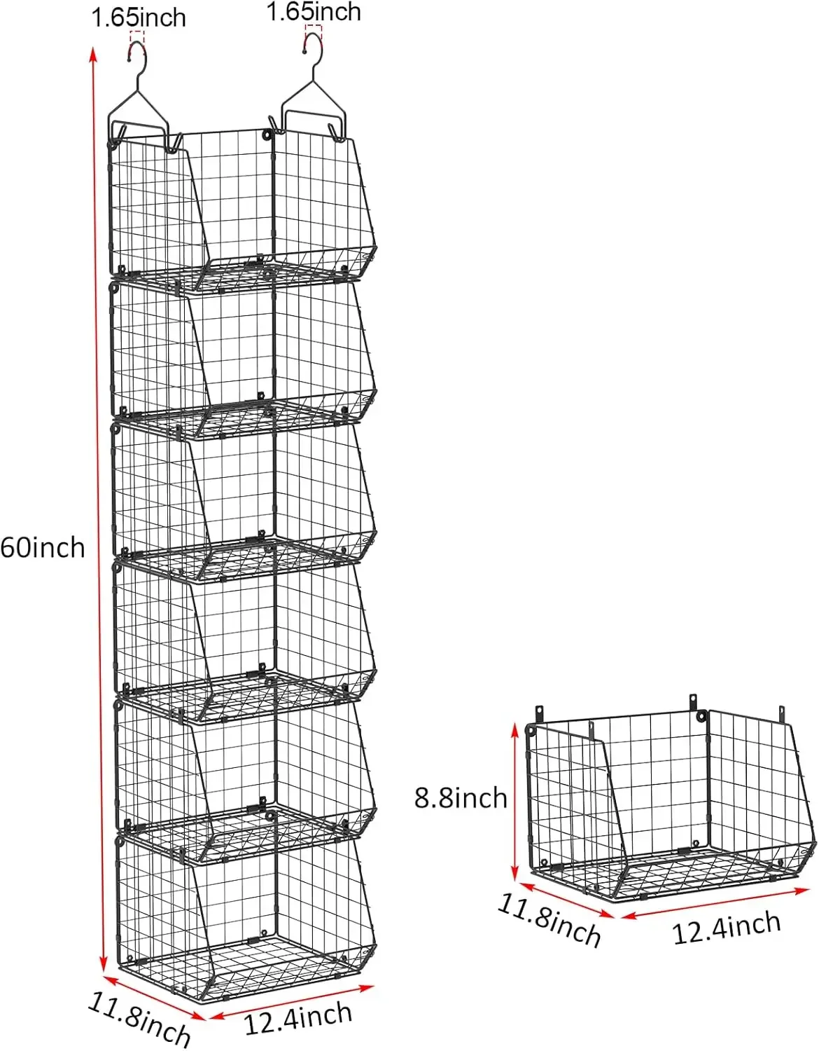 6 Tier Closet Hanging Organizer, Clothes Shelves with 2 Pair Hooks,5 S Hooks, Wire Storage Basket Bins, for Clothing Sweaters 3