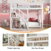 Lit superposé 140x200cm, lit enfant 90x200cm pour 2 enfants, lit cabane avec sommier à lattes et armoire de rangement, lit maison 4