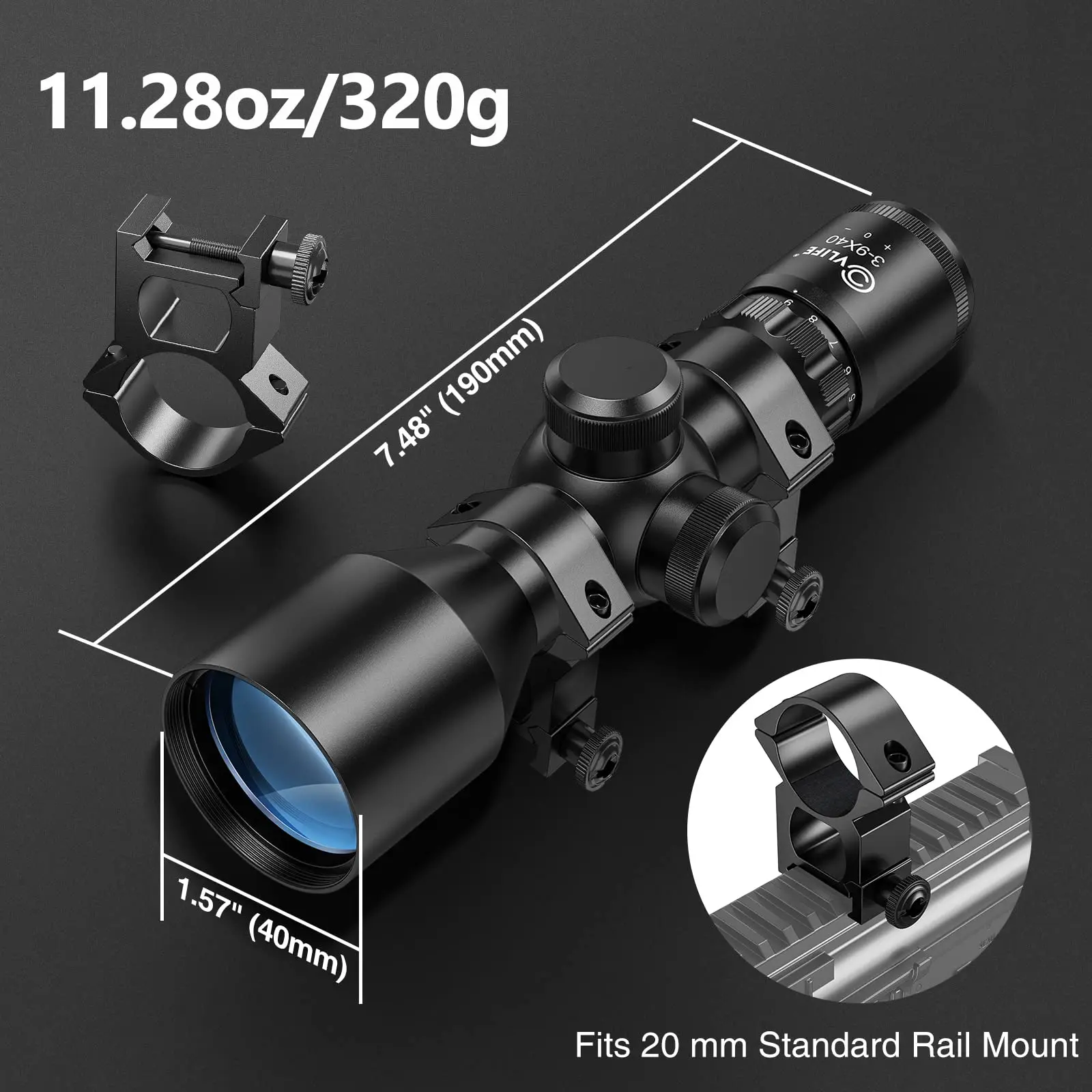 CVLIFE 3-9x40 Compact Rifle Scope with Mounts for 20mm Picatinny Crosshair Reticle Quick Aiming Hunting