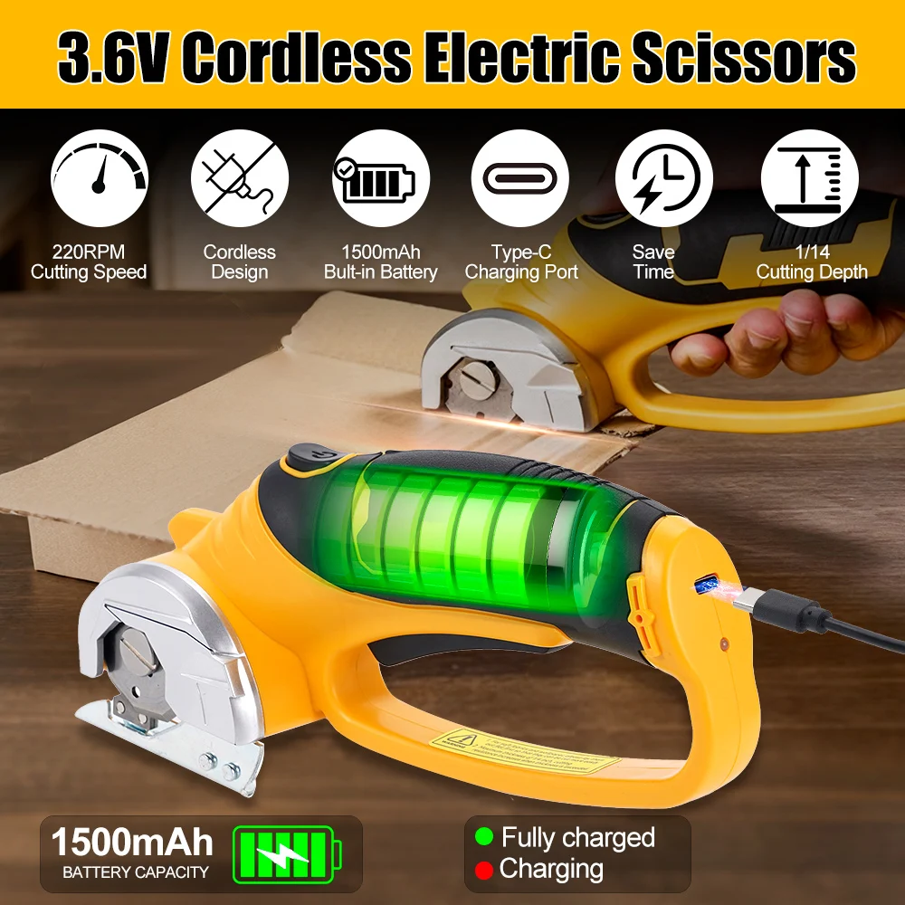 3.6V 1500mAh 무선 전동 회전식 원단 가위 SK4 블레이드 USB 타입-C 충전식 LED 안전 가위 (가죽, 카펫용)