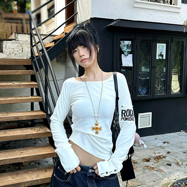 Tonngirls American Retro Print T-shirt Women Long Sleece Button Graphic Tops Y2k Tops 2000s Japanese Grunge Tops E-girls Autumn 3