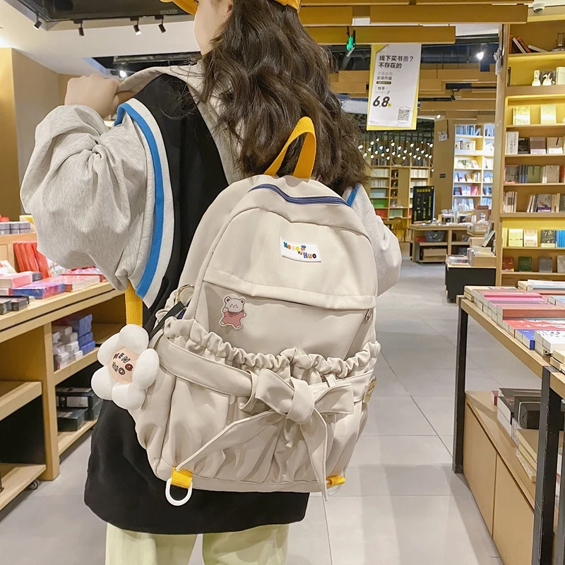 Korean Style Women Sweet Backpack Large Capacity Open Pockets Kawaii Female Bow School Bags for teenager Girls Travel Backpacks 