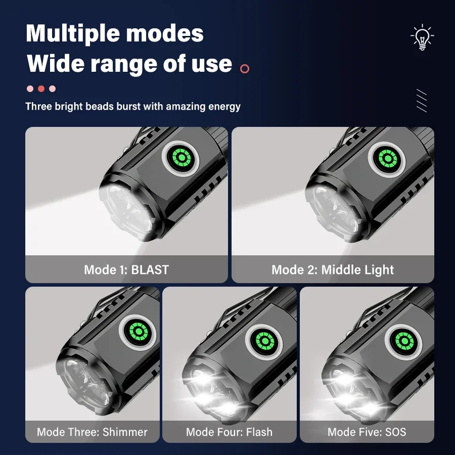 미니 손전등 2000LM 강력한 하이라이트 손전등 3LED 매우 강한 빛 18650 배터리 USB C 자석 토치로 충전식