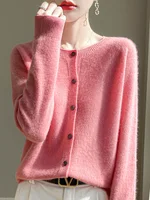 Women 100% Merino Wool Cardigan Soft O-Neck Cashmere Sweater OL Buttoned Knitwear Casual Top Clothing Korean Style - Image 4