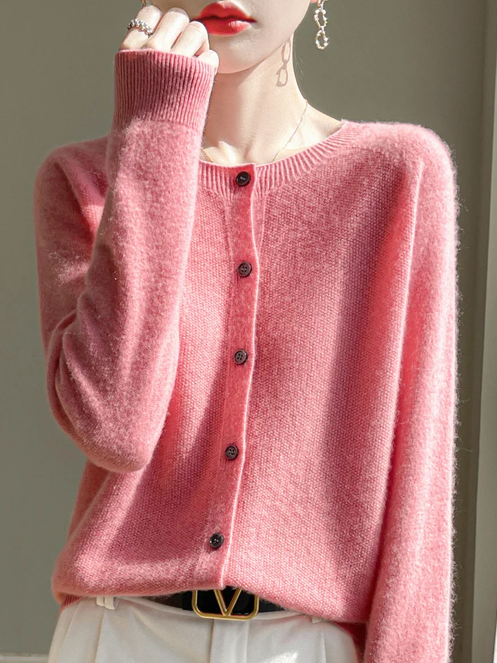 Cardigan lavorato a maglia in cashmere con scollo rotondo da donna, bianco, S