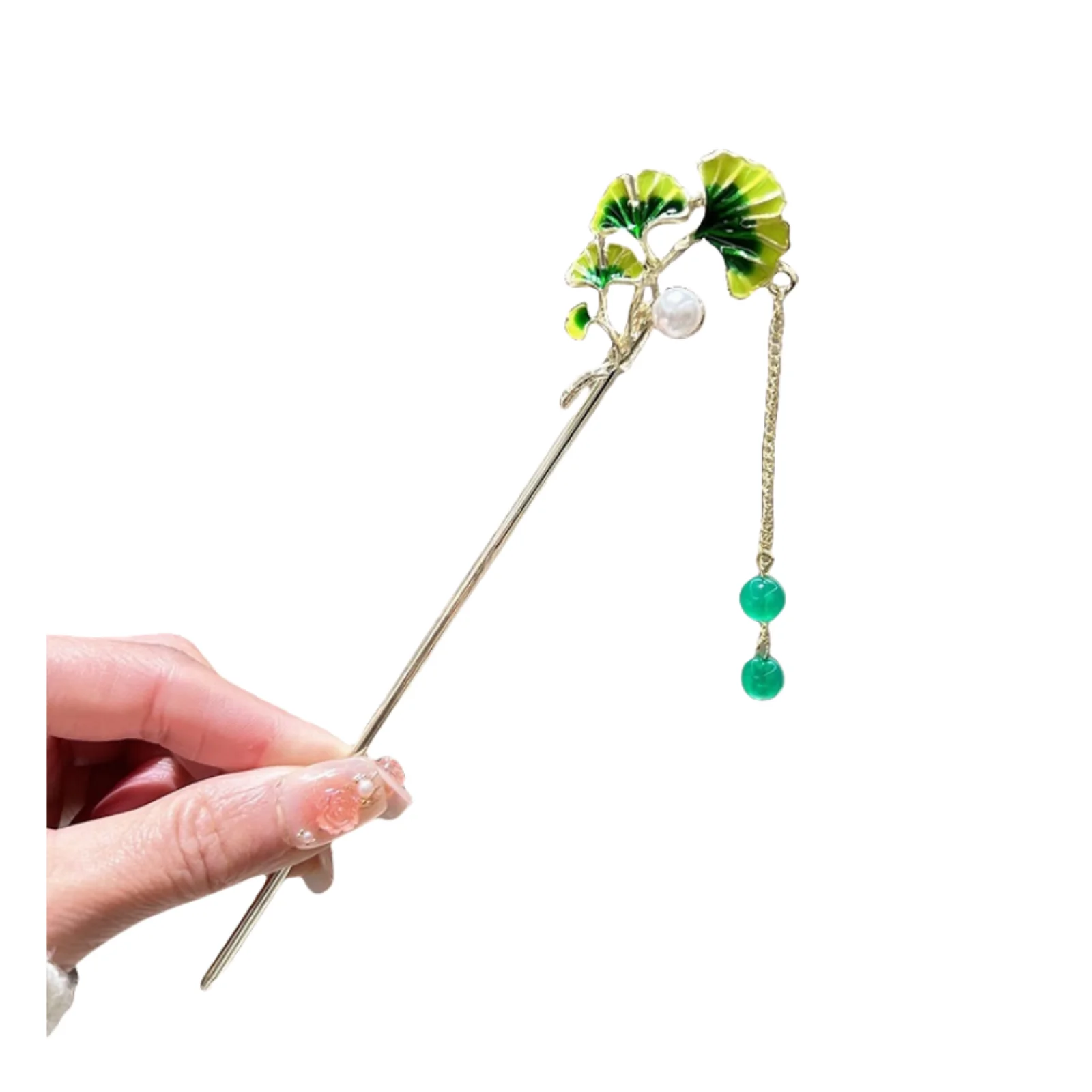 1PC Chinese - Style Ginkgo Leaf Hairpin, Handmade Hair Accessory with Pearl & Green Bead Tassel, Ideal for Traditional Updos