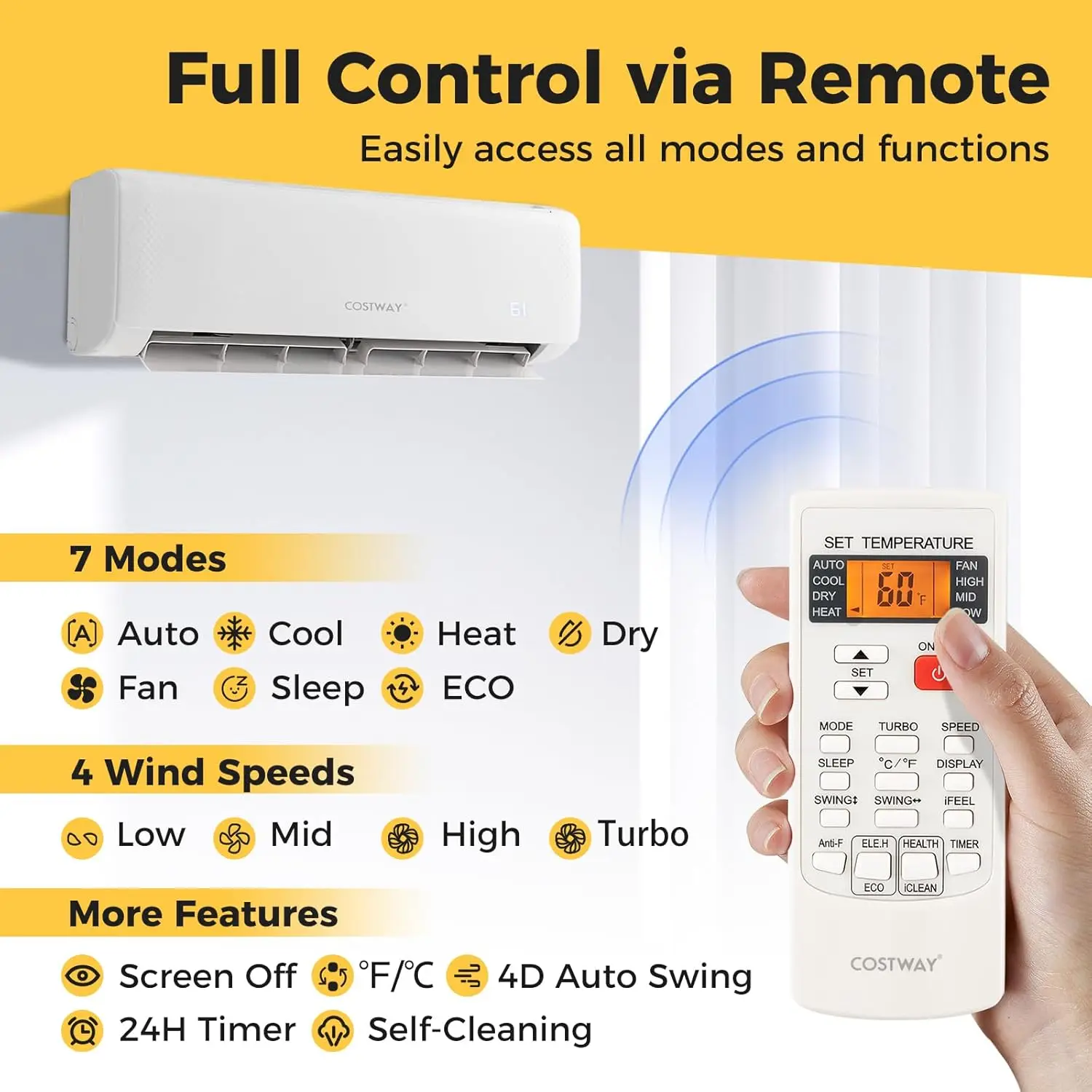 12000 BTU Mini Split Air Conditioner With Heat Pump Energy Star 21 SEER2 Inverter 24H Timer Auto Clean Remote Control