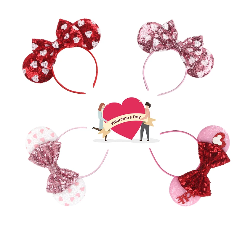 Neues Valentinstags-Mäuseohren-Stirnband für Mädchen und Frauen, Pailletten, Liebe, 5" Schleife, Haarbänder, Festival-Party, DIY Haaraccessoires für Damen