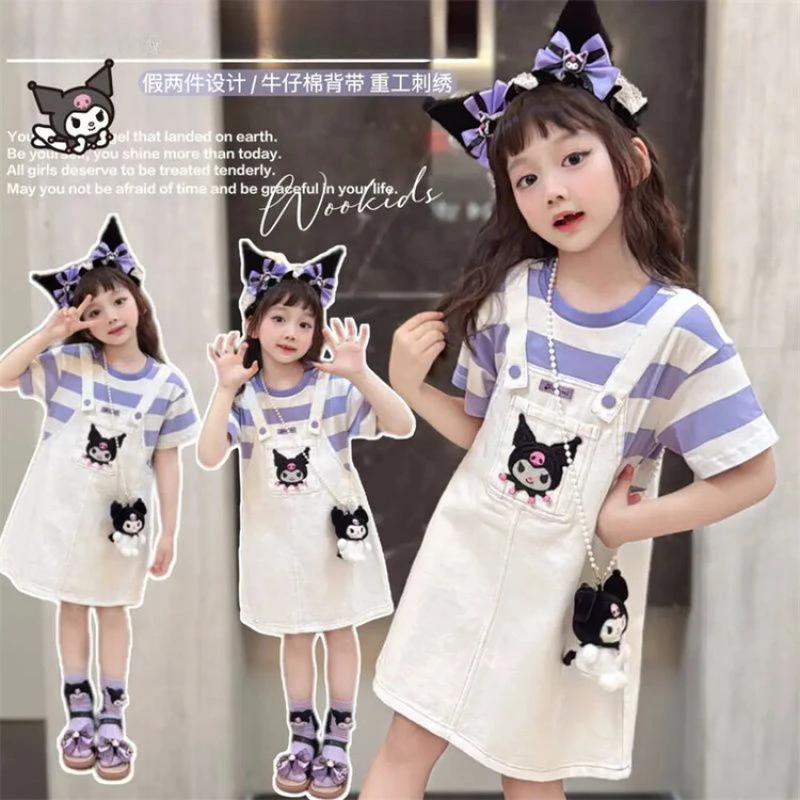 

Kuromi 2024 Children's Clothing Kids Summer Dress Suit Kawaii Cartoon Children's Strap Skirt Children's Casual Fashion Dress