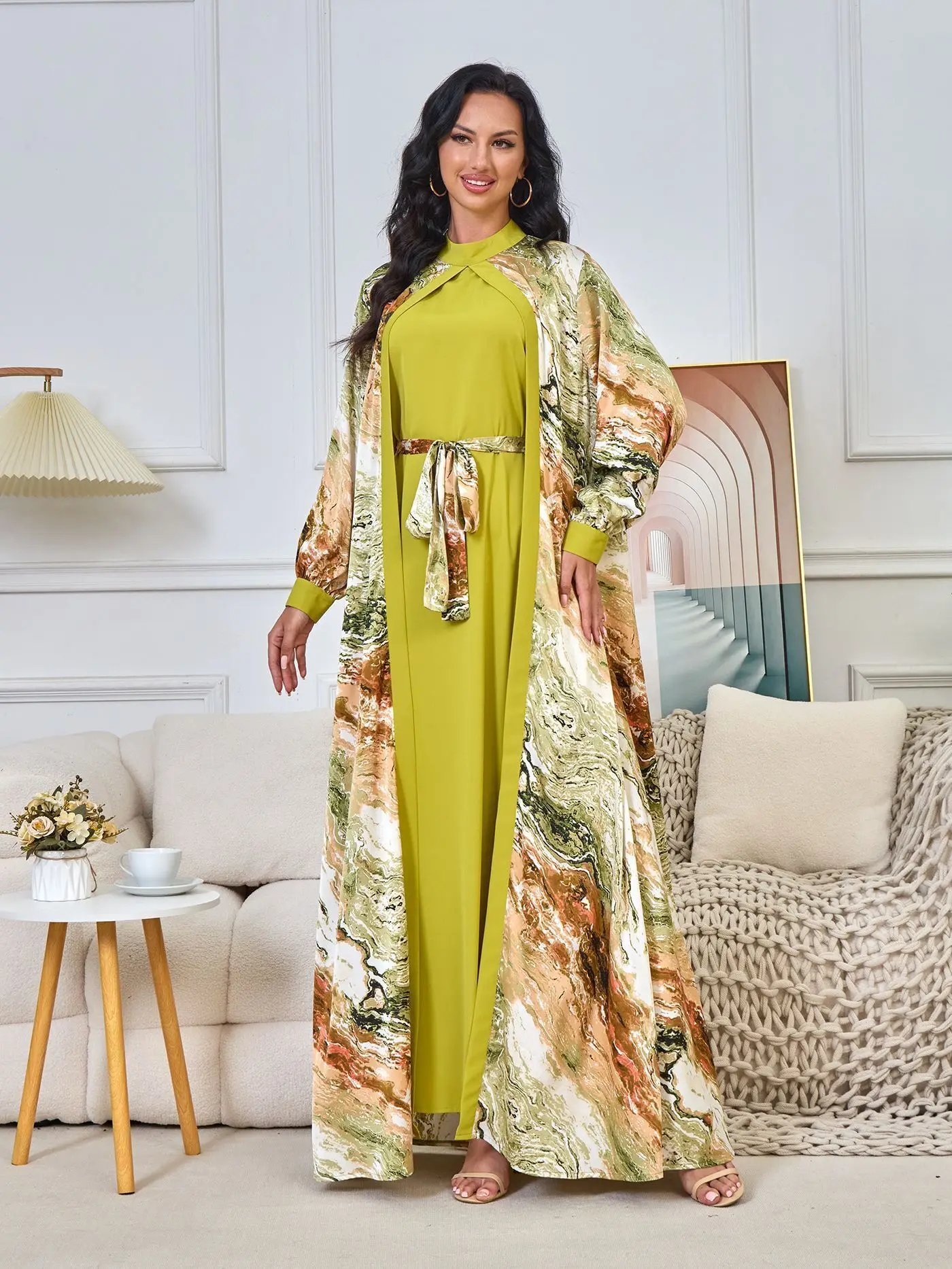 MT200 Muslim clothing new printed cardigan two-piece formal dress - Image 6