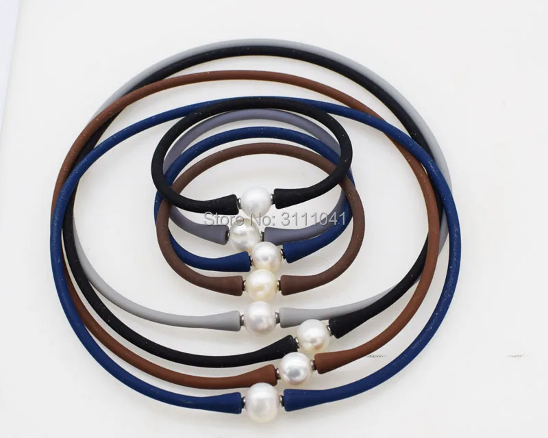 

one set freshwater white pearl near round 10-11mm black/blue/brown/gray silicone necklace bracelet wholesale