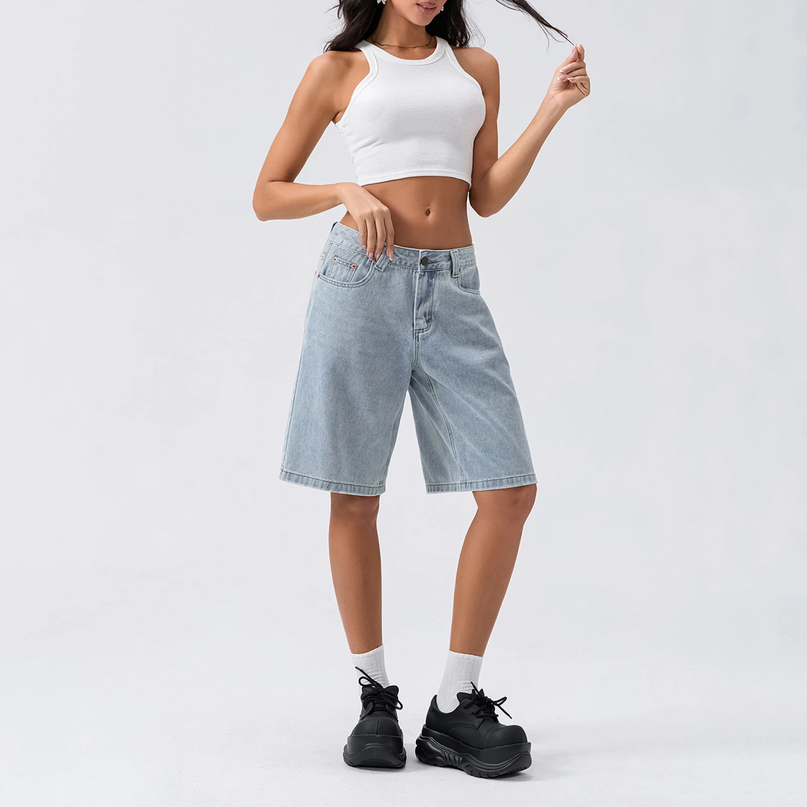 New Fashion Womens Knee Length Denim Shorts Loose Solid Color Low Rise Wide Leg Long Shorts With Pockets For Summer S-2XL