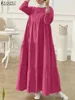 ZANZEA Women Muslim Abaya Long Dress Fashion Long Sleeve Solid Ruffles Kaftan Sundress Robe Femme Eid Mubarek Islamic Clothing