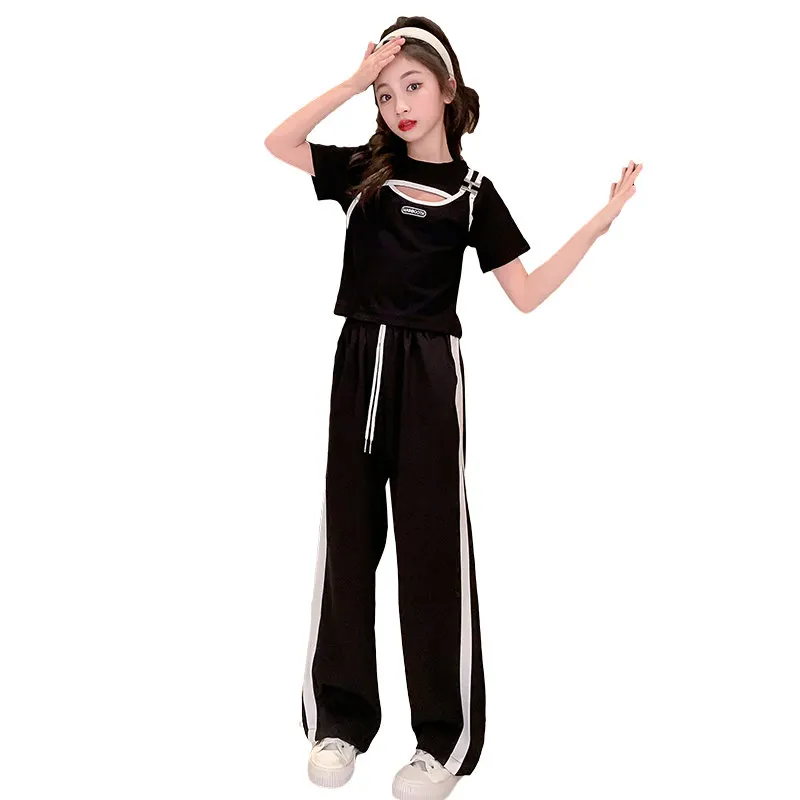 

Fashion Teenage 2023 Girls Clothes Sets Summer Kids Short Sleeve Tops + Wide Leg Long Pants Children Black Tracksuits 10 12 14Y