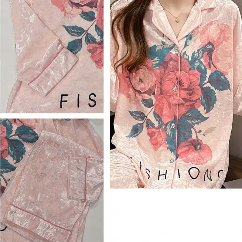 2024 New Pastoral Style Golden Velvet Spring Autumn Pajamas Women's Winter Long-sleeved Cardigans Sleepwear V-neck Loungewear