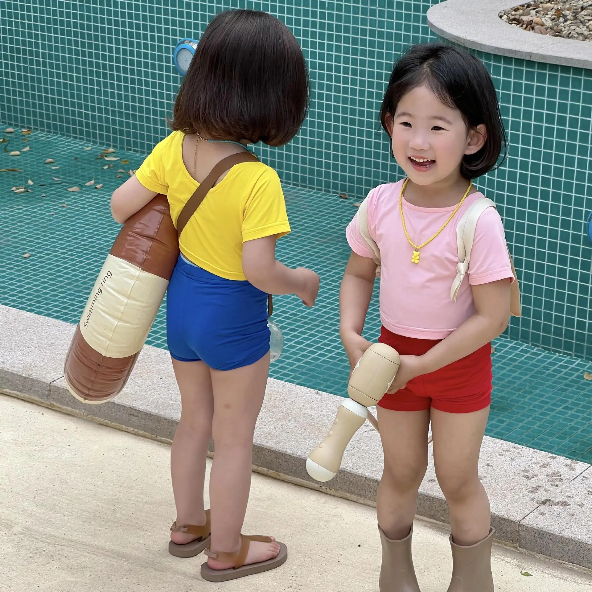 

Children Clothing Set Korean Style 2023 Summer New Fashionable Girls Suit Solid Color Swimsuit Casual Simple Two Piece Set Kids