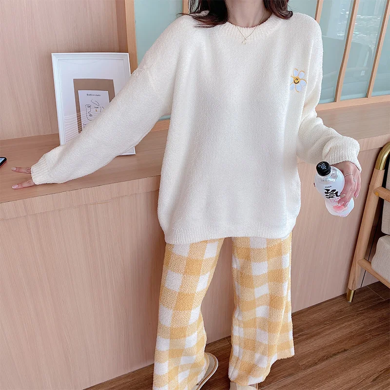 Thick Home Clothes Suit Coral Fleece Pajamas Set Women Winter Ins Soft Cute Print Plaid Internet Celebrity Influencer Loungewear