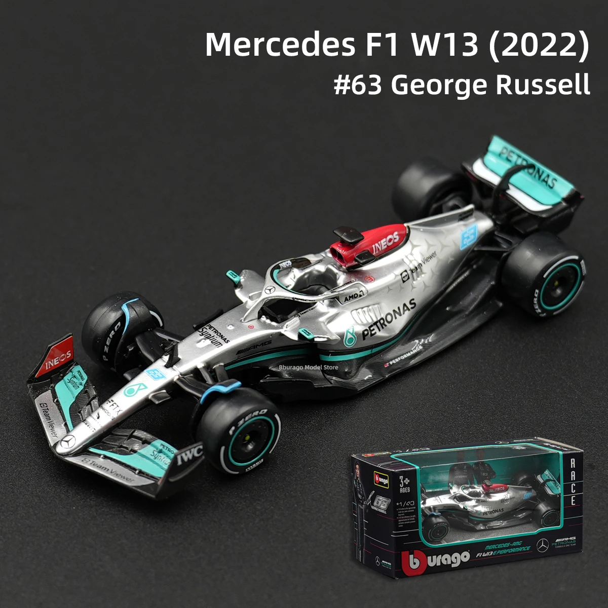 Bburago 1:43 2022 Mercedes AMG W13 F1 Formula Racing Car Static Simulation Diecast Alloy Model Car 2