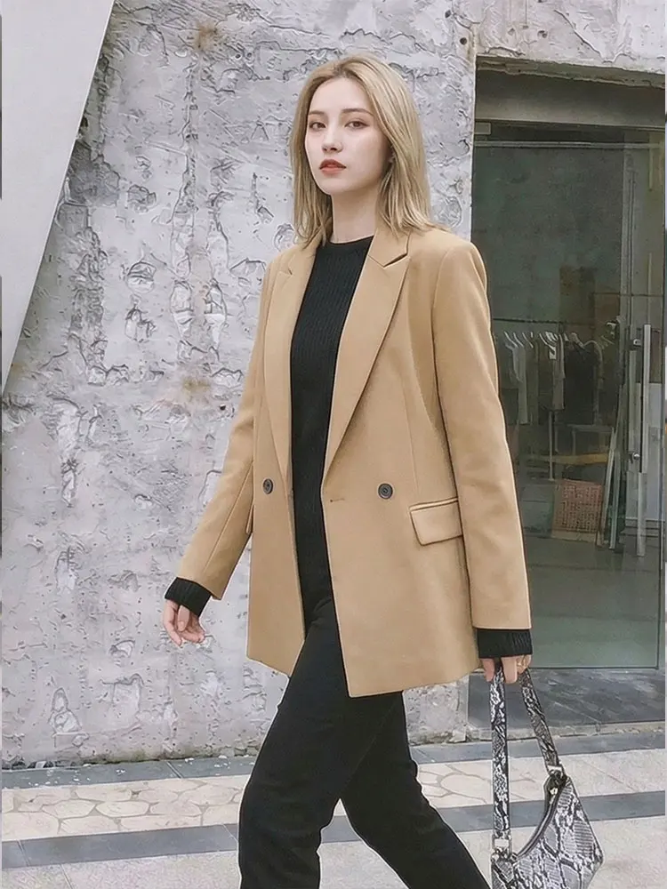HH Women Chic Solid Blazer Coat Long Sleeve Double Breasted Jacket Spring Female Casual Commuting Fashion Streetwear Blazers