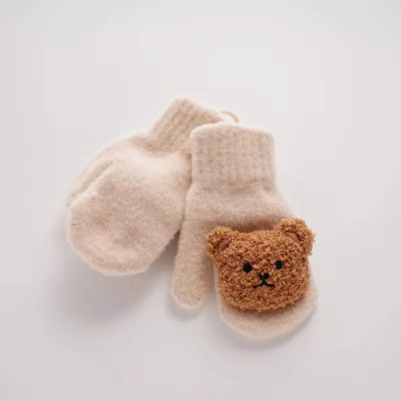 1-4Y Cartoon Bear Baby Mittens Winter Warm Kids Baby Girl Gloves Knitted Children Toddler Thick Teething Mitten Handschoen