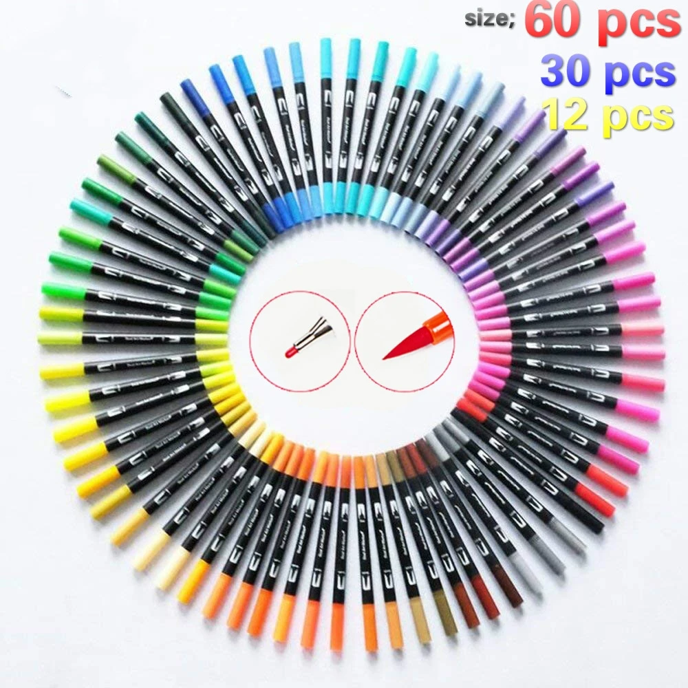 

12/30/60 Pcs Multi-color Double Brush Art Marker Pen Fine Tip and Brush Tip Ideal for Bullet Magazine Coloring