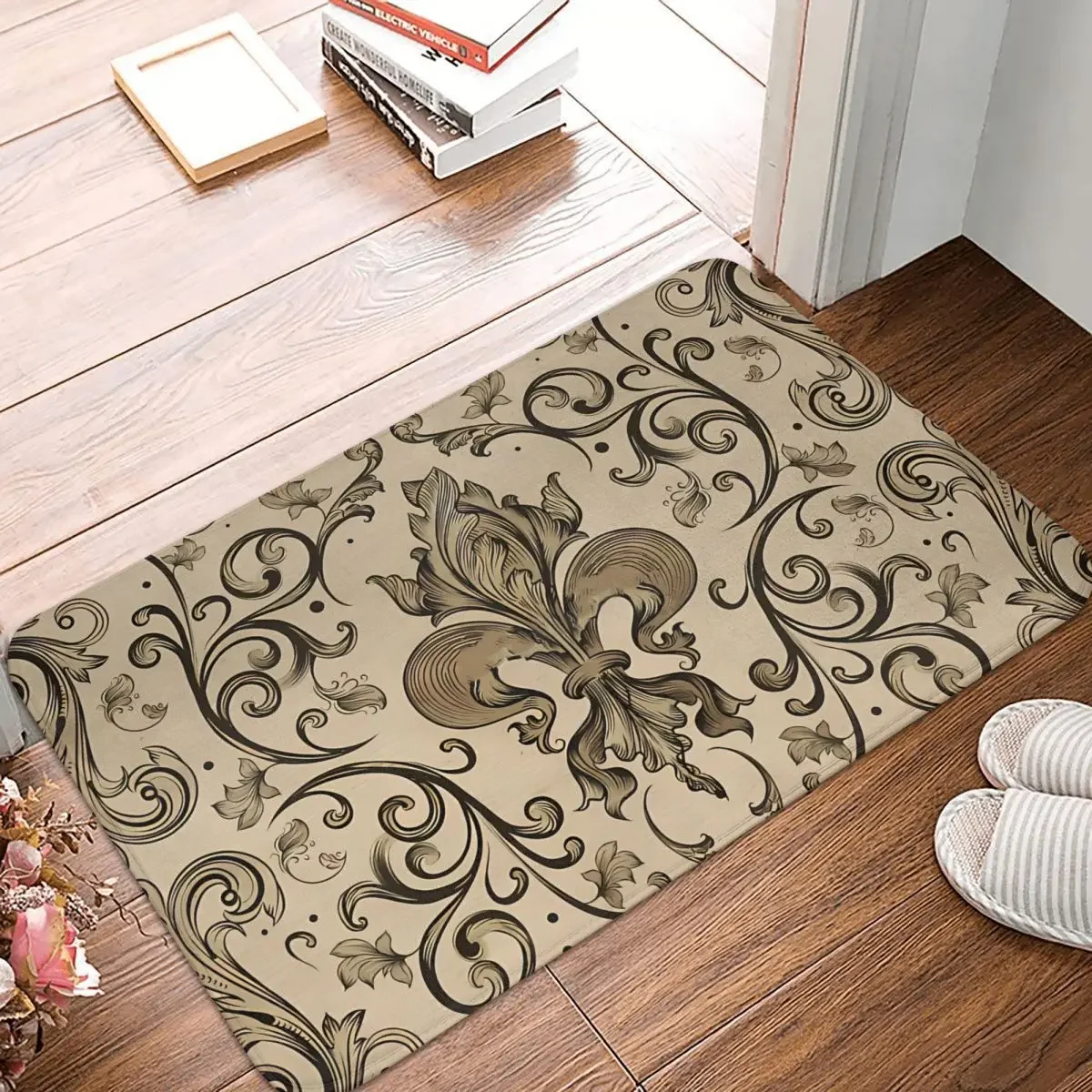 

Fleur De Lys Non-slip Doormat Vintage Ornament Carpet Bath Kitchen Mat Welcome Indoor Decor