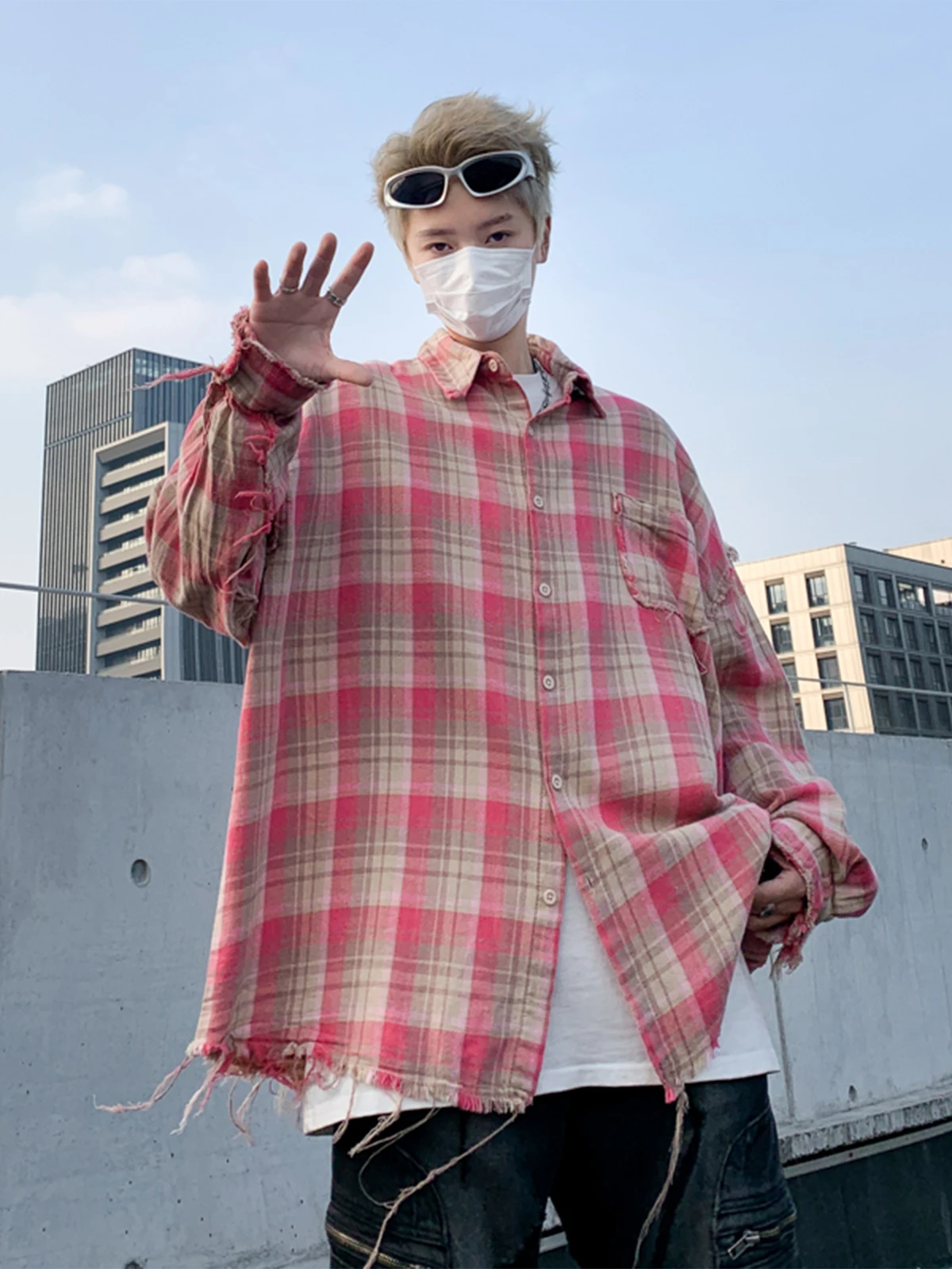 American Sle Vintage Red Plaid irt ex High End Feelings Frayed  Outerwear Trendy Brand Turn Collar irt