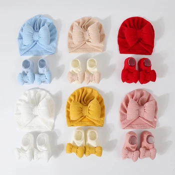 Solid Color Baby Turban Hat Socks Set Cute Bow Newborn Beanie Cap Boy Girl Anti-slip Floor Socks Infant Soft Headwrap 1