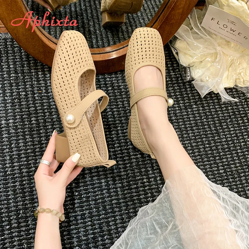 Aphixta 3.5cm Square Heels Women Mary Janes Shoes Hook Loop Pearls Weave Design Dress Shoes Breathable Med Heel Woman Shoes